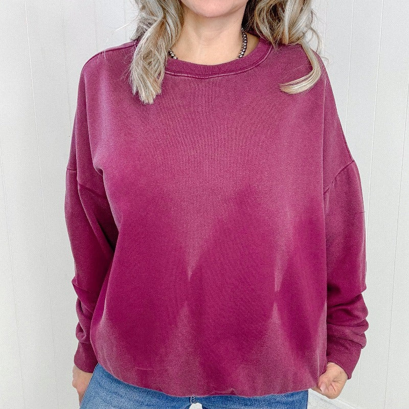 Easel Burgundy Bleach Washed Long Sleeve Pullover - Boujee Boutique 