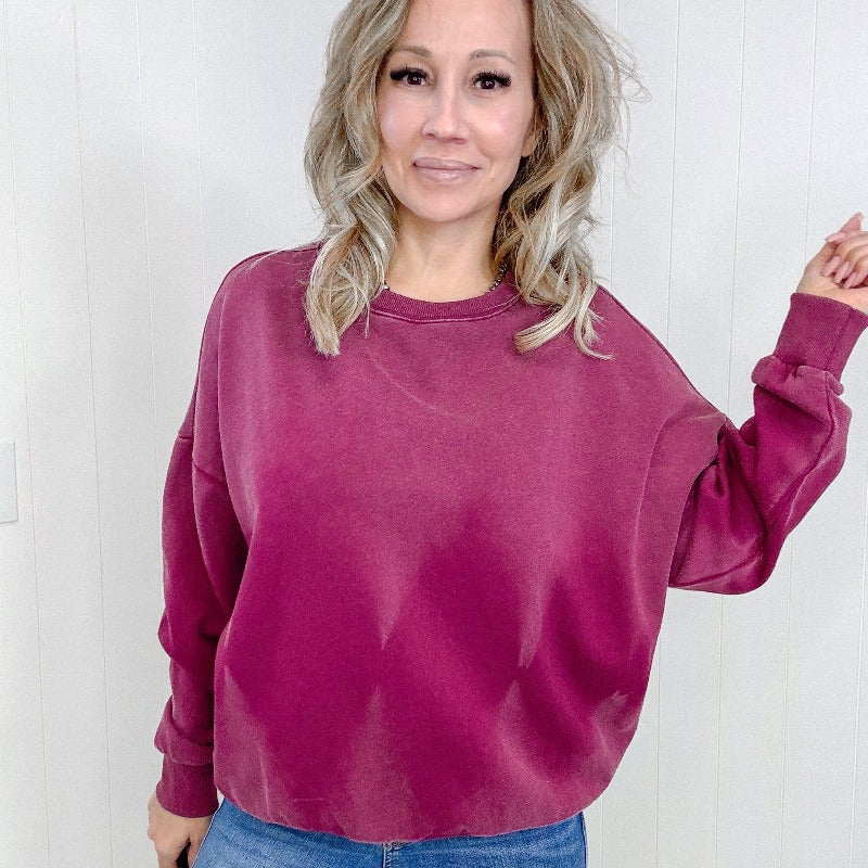 Easel Burgundy Bleach Washed Long Sleeve Pullover - Boujee Boutique 