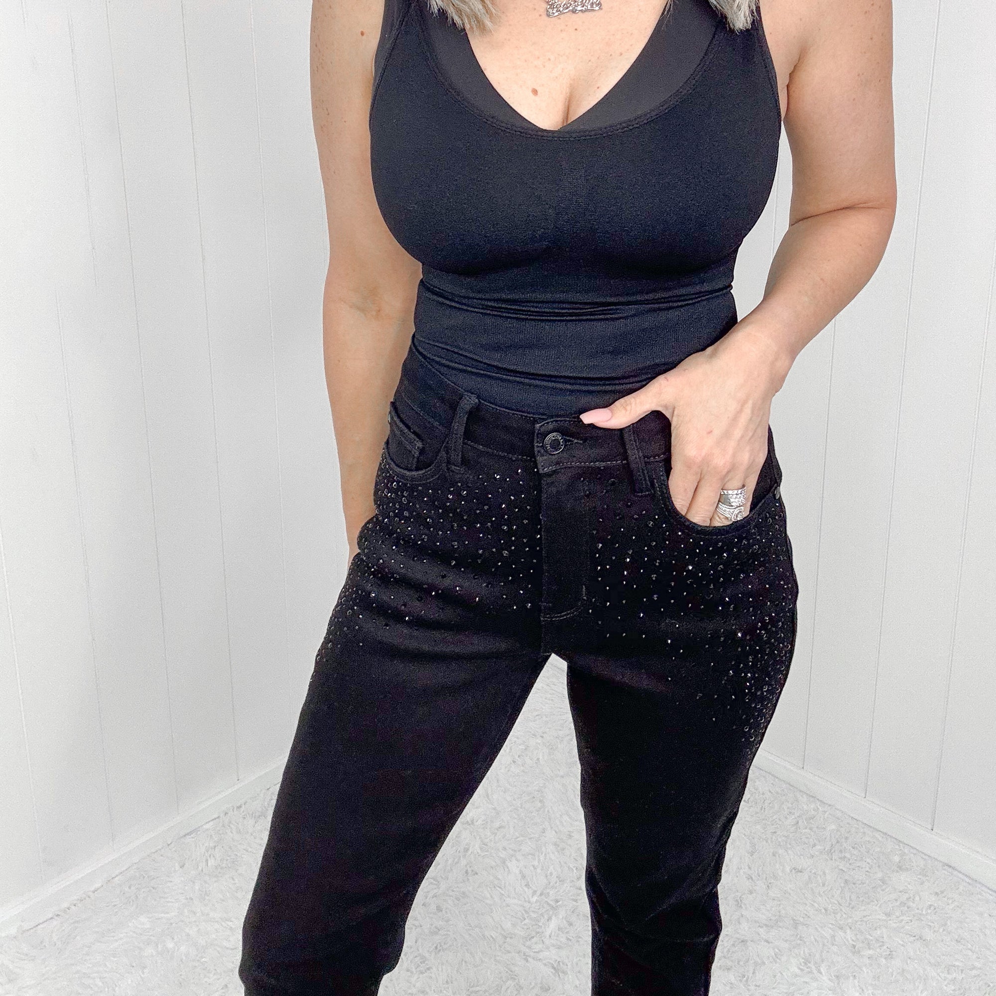 Judy Blue Reese Rhinestone High Waist Slim Fit Jeans in Black - Boujee Boutique 
