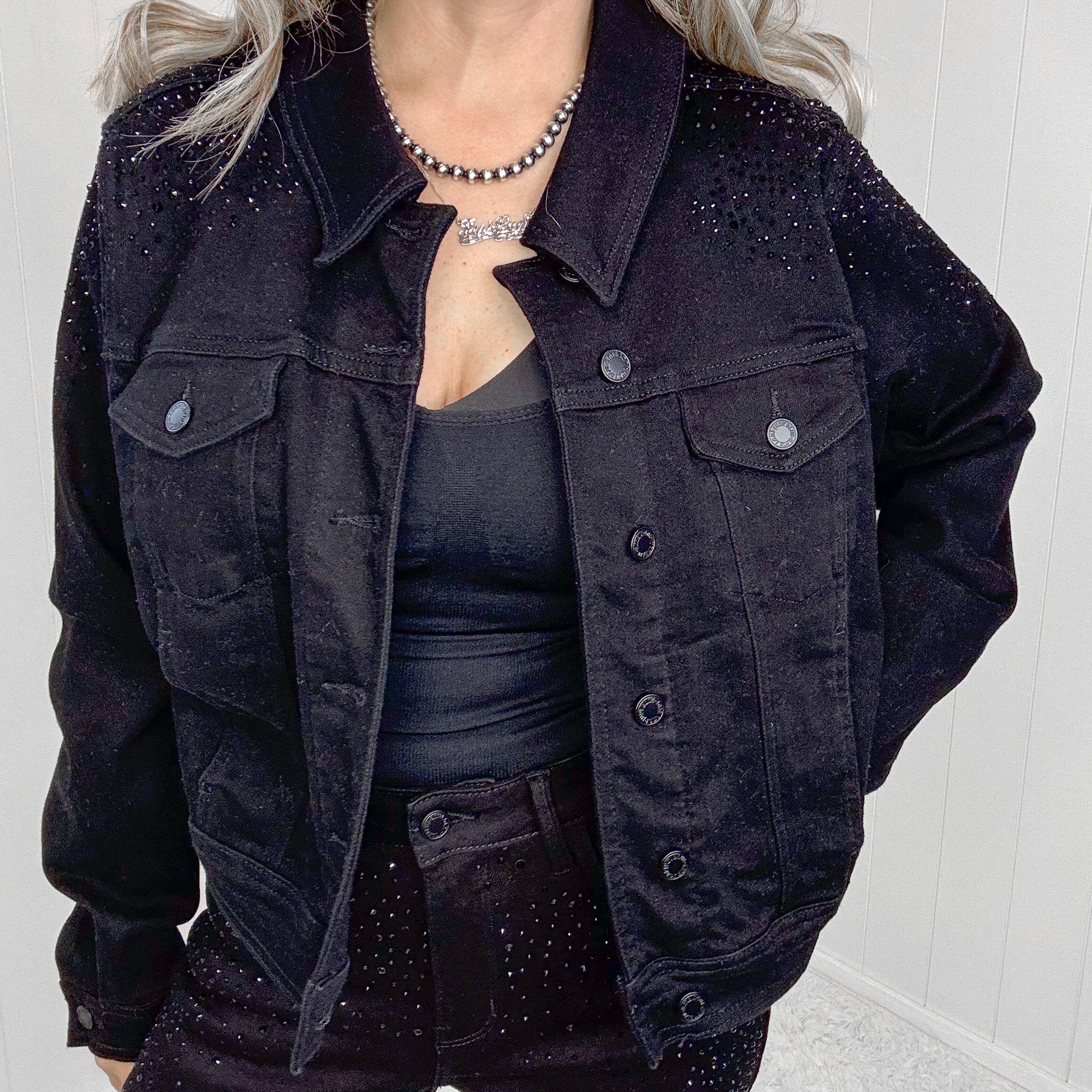 Judy Blue Reese Rhinestone Denim Jacket in Black - Boujee Boutique 