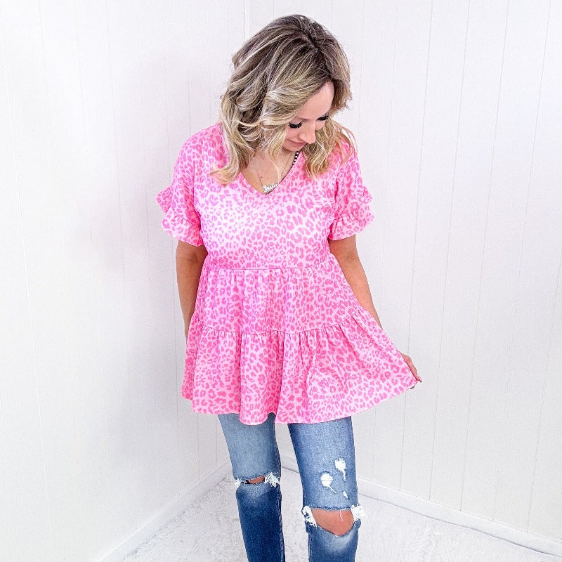 Pink Leopard Ruffle Trim Short Sleeve Top - Boujee Boutique 