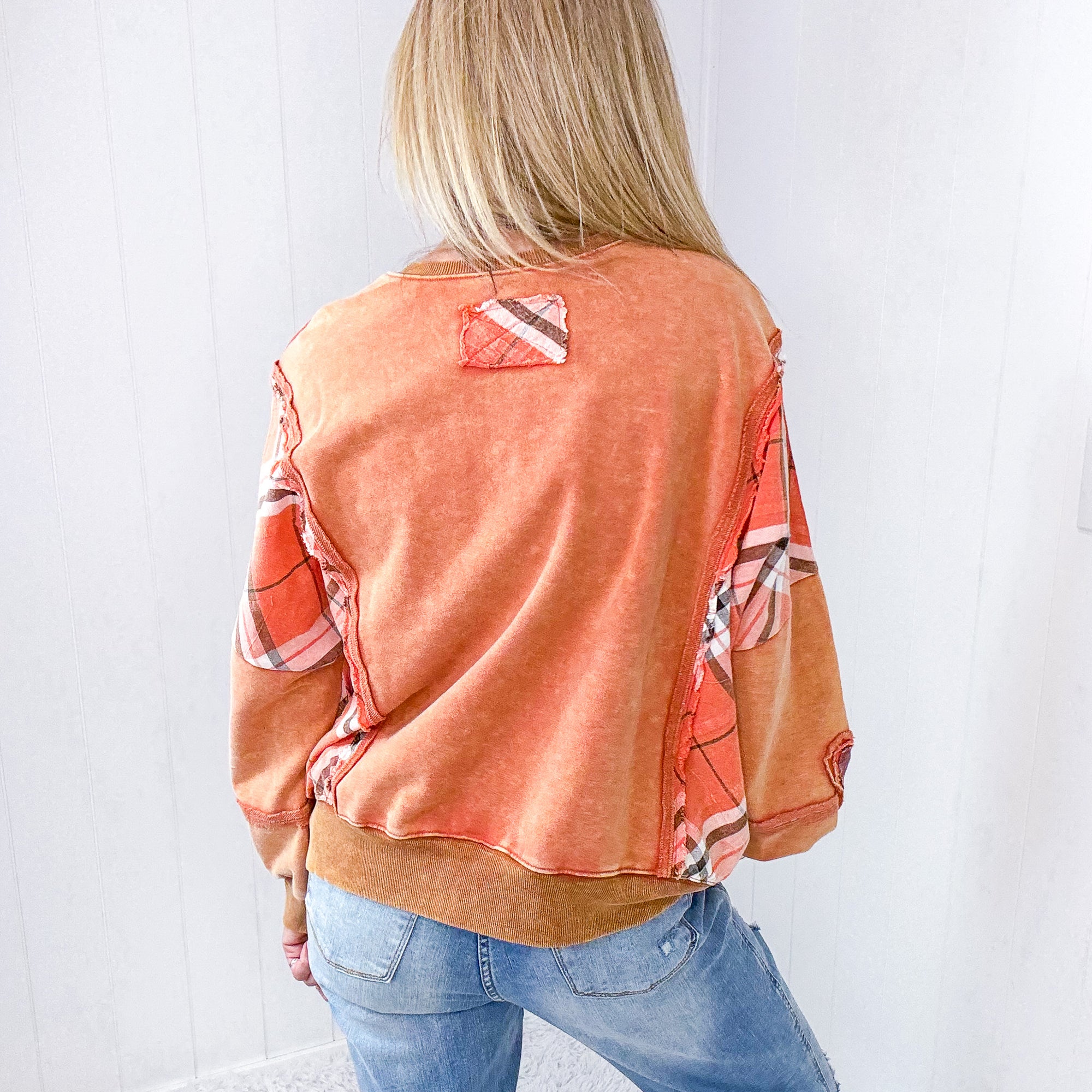 Heart and Hearth Plaid and Mineral Washed Long Sleeve Pullover in Pumpkin - Boujee Boutique 