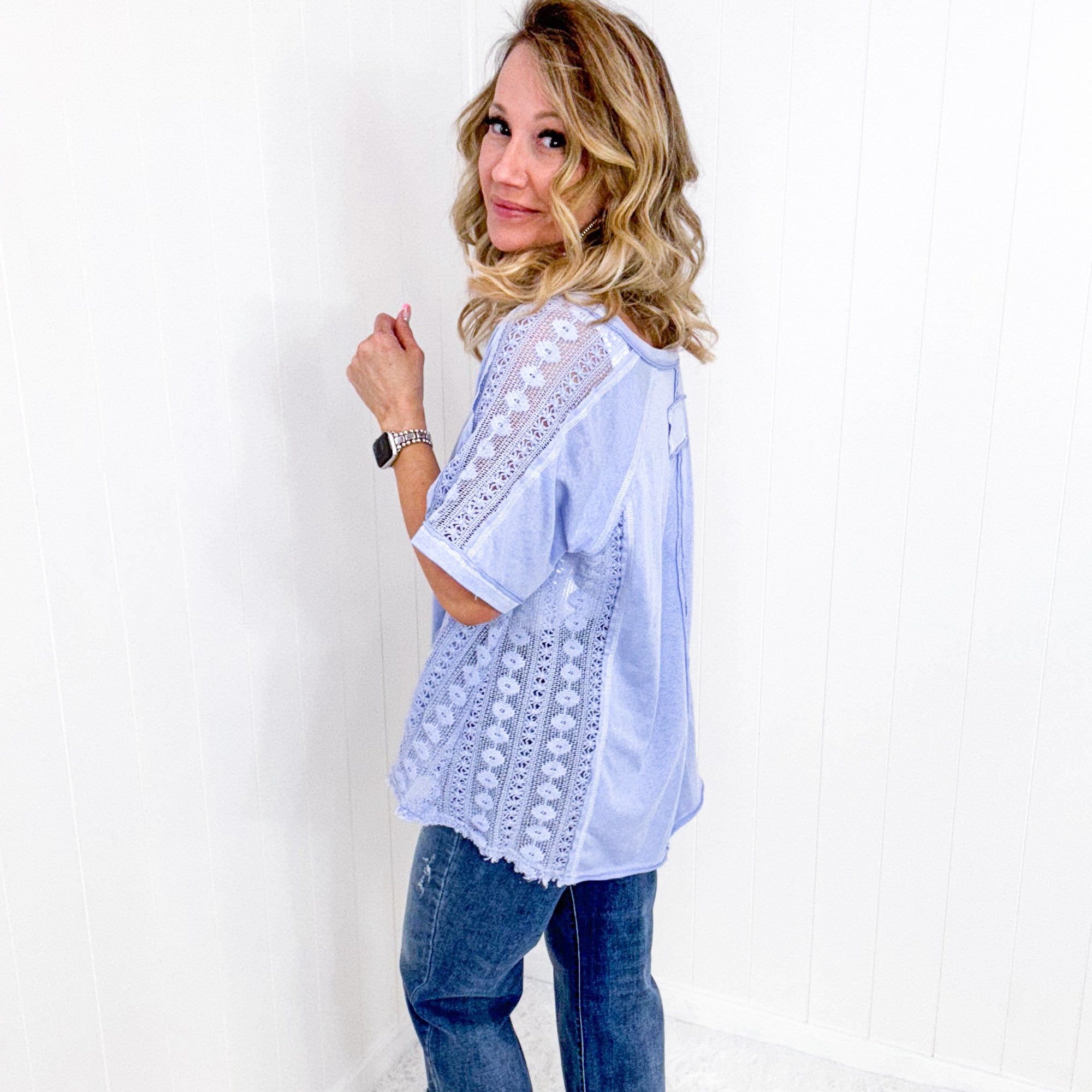 POL Pale Blue Short Sleeve Lace Crochet Panel Top - Boujee Boutique 