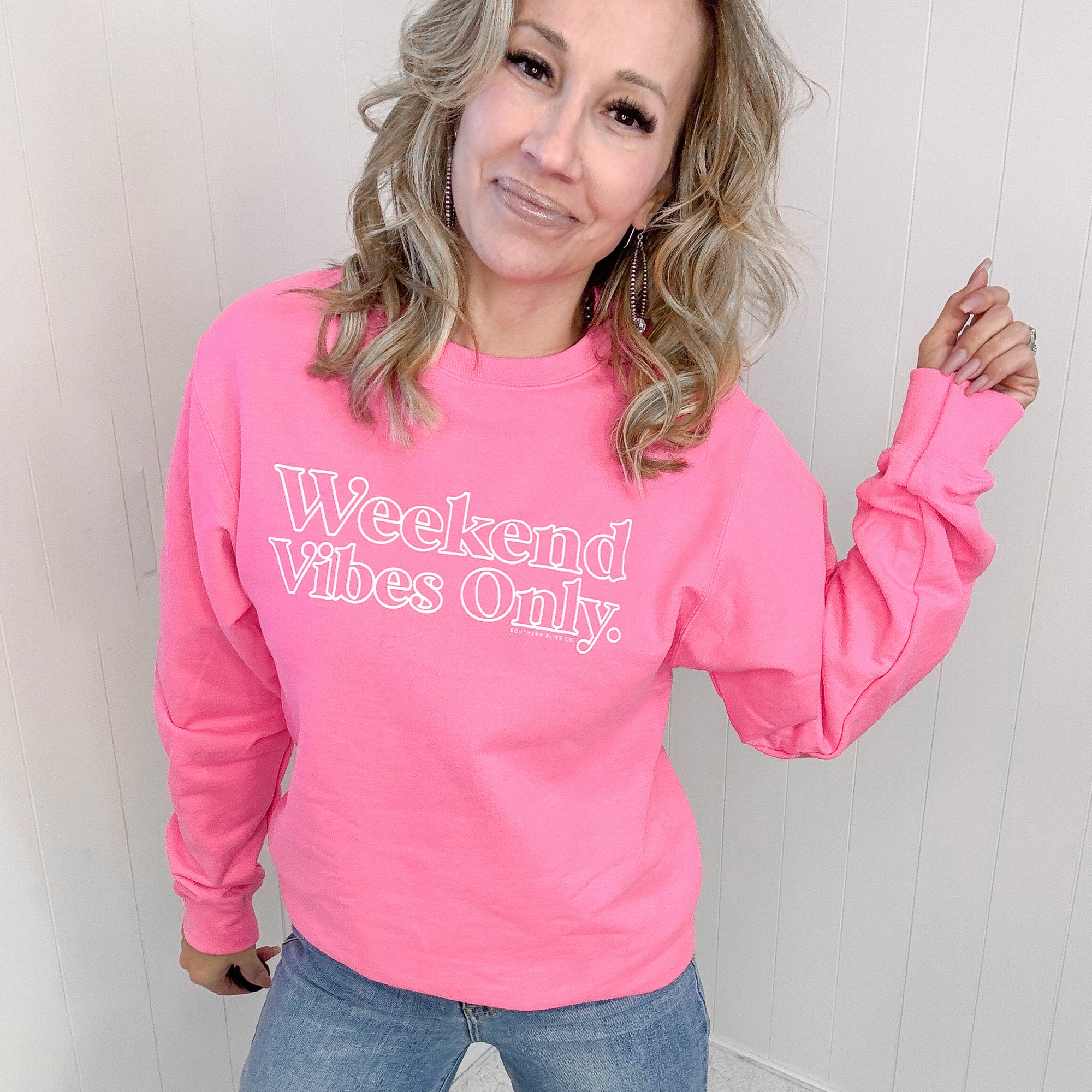 Neon Pink Weekend Vibes Only Sweatshirt - Boujee Boutique 