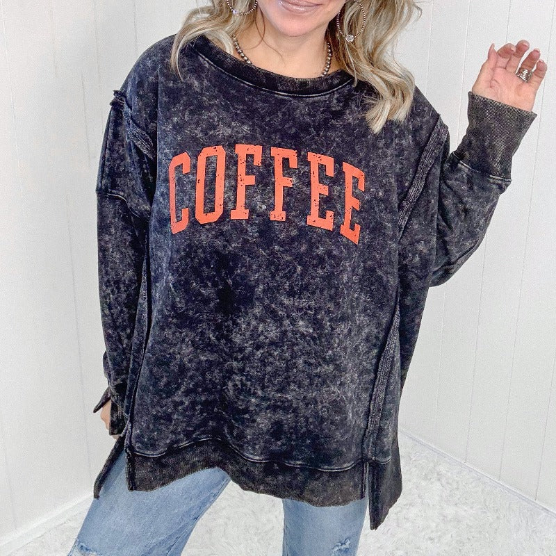 Washed Black Long Sleeve Coffee Pullover - Boujee Boutique 