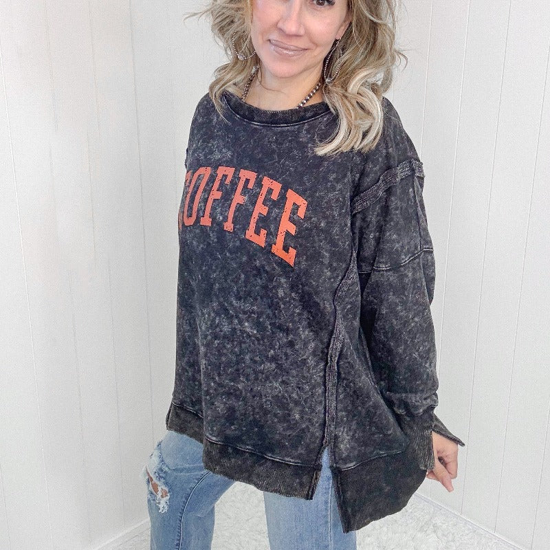 Washed Black Long Sleeve Coffee Pullover - Boujee Boutique 