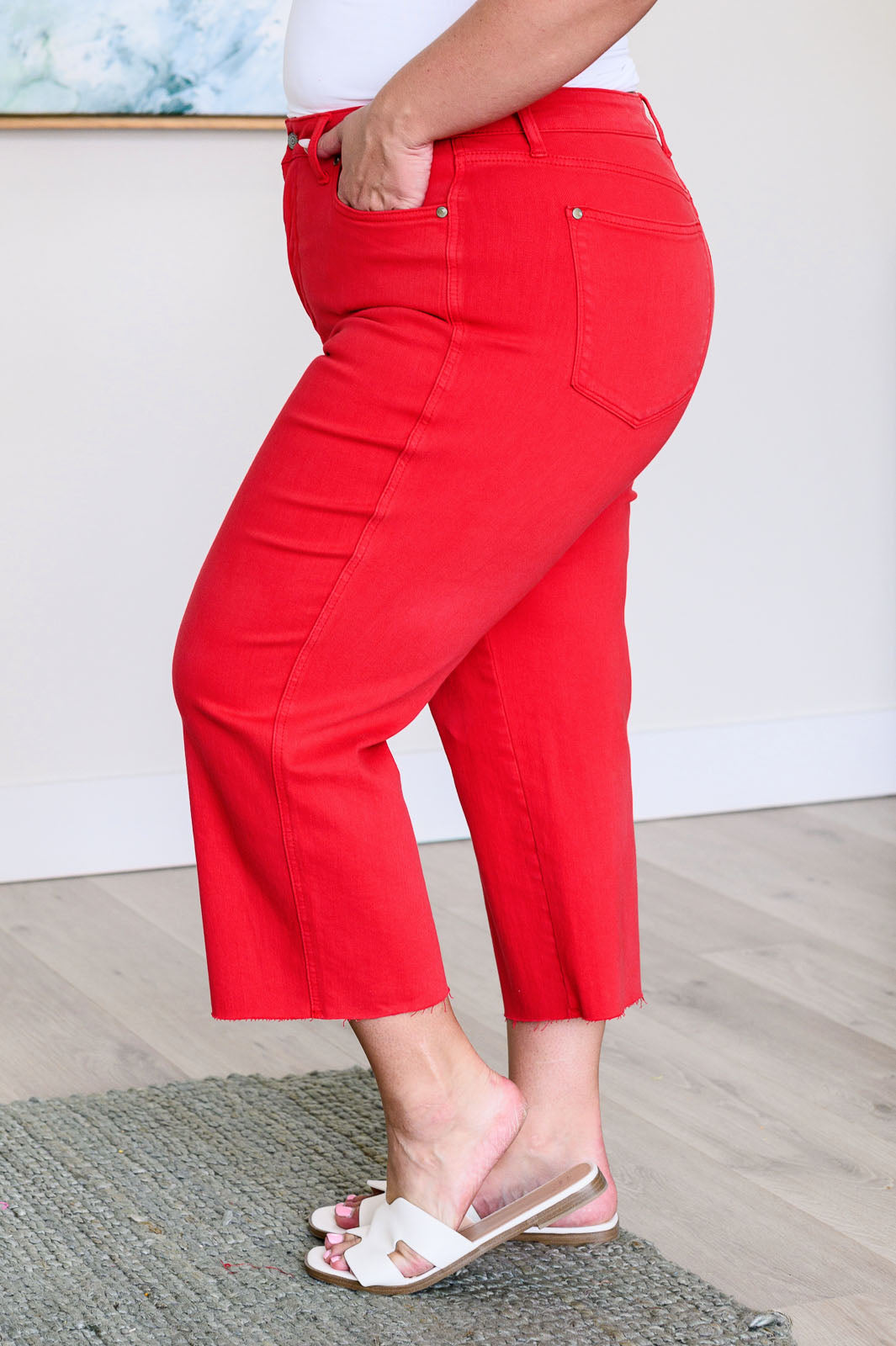 Judy Blue Red High Waist Tummy Control Wide Leg Crop Jeans - Boujee Boutique 