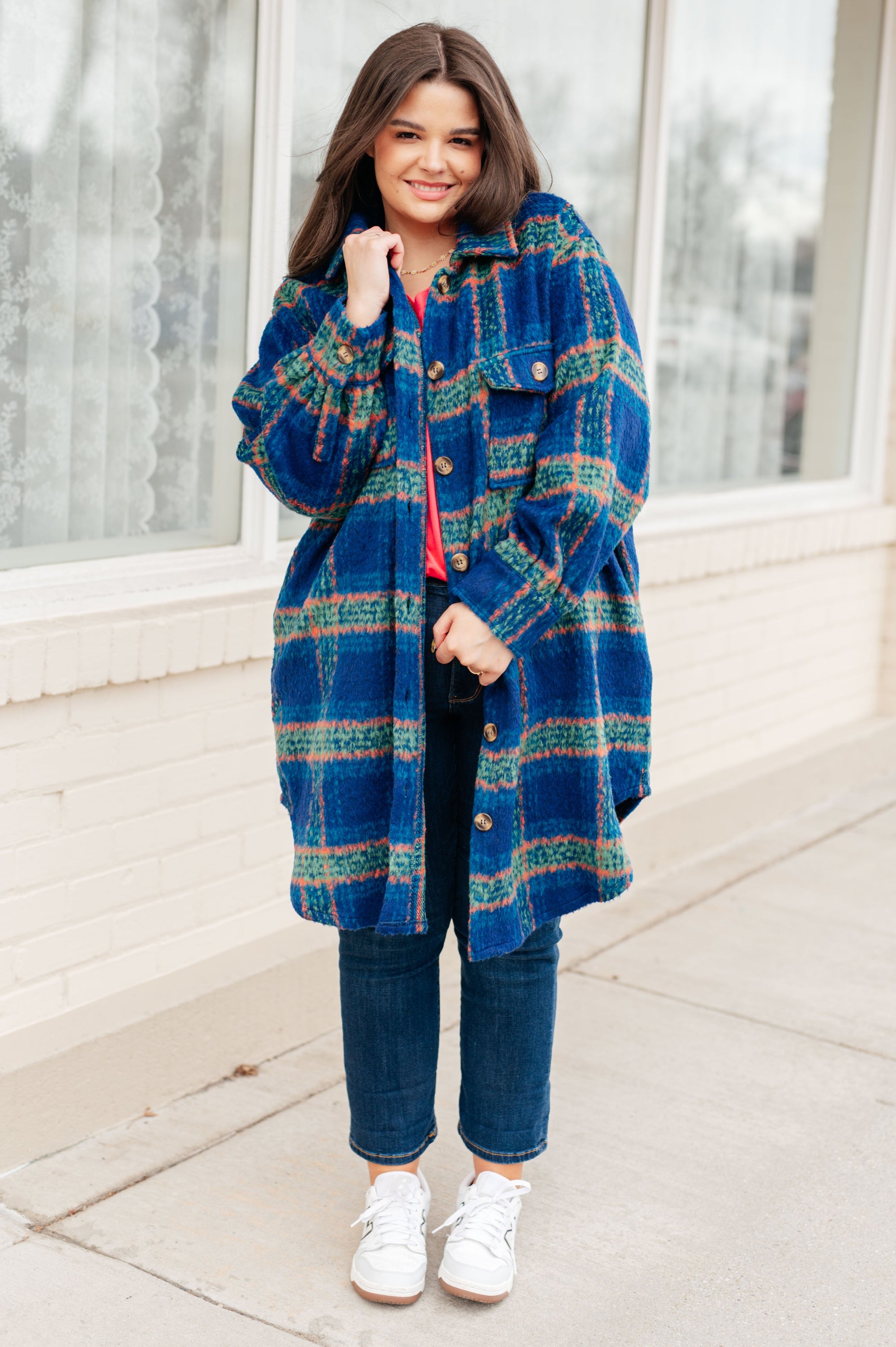 Blue Plaid Brushed Flannel Long Jacket - Boujee Boutique 