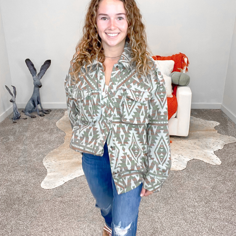 Olive and Rust Geo Pattern 3D Pocket Oversized Jacket - Boujee Boutique 