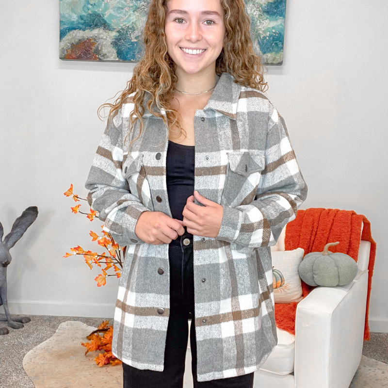 Norah Grey and Camel Fleece Plaid Shacket - Boujee Boutique 