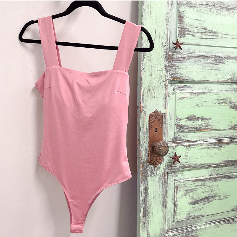 Pink Square Neck Wide Strap Bodysuit - Boujee Boutique 