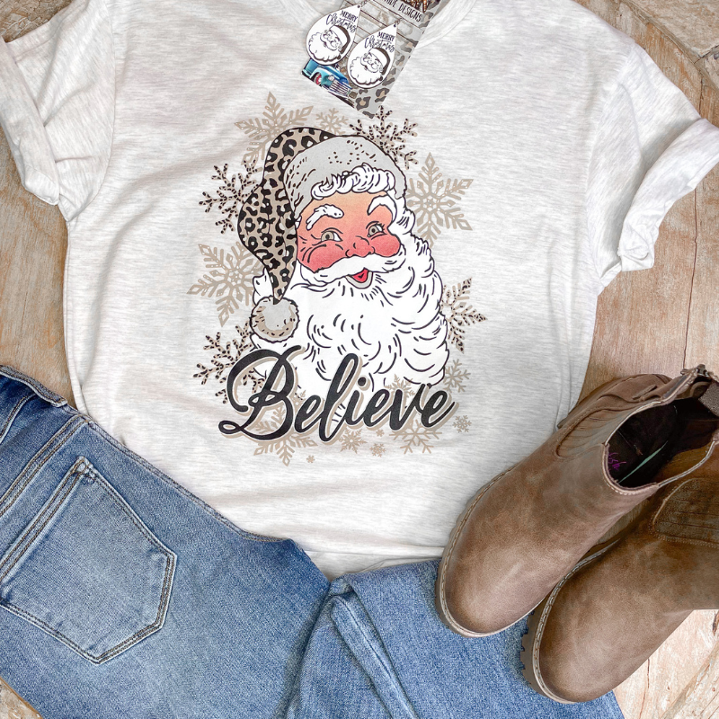 Believe Leopard Print Santa and Snowflake Graphic Tee - Boujee Boutique 