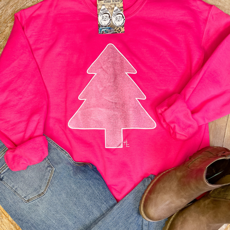 Hot Pink Glitter Christmas Tree Crewneck Sweatshirt - Boujee Boutique 