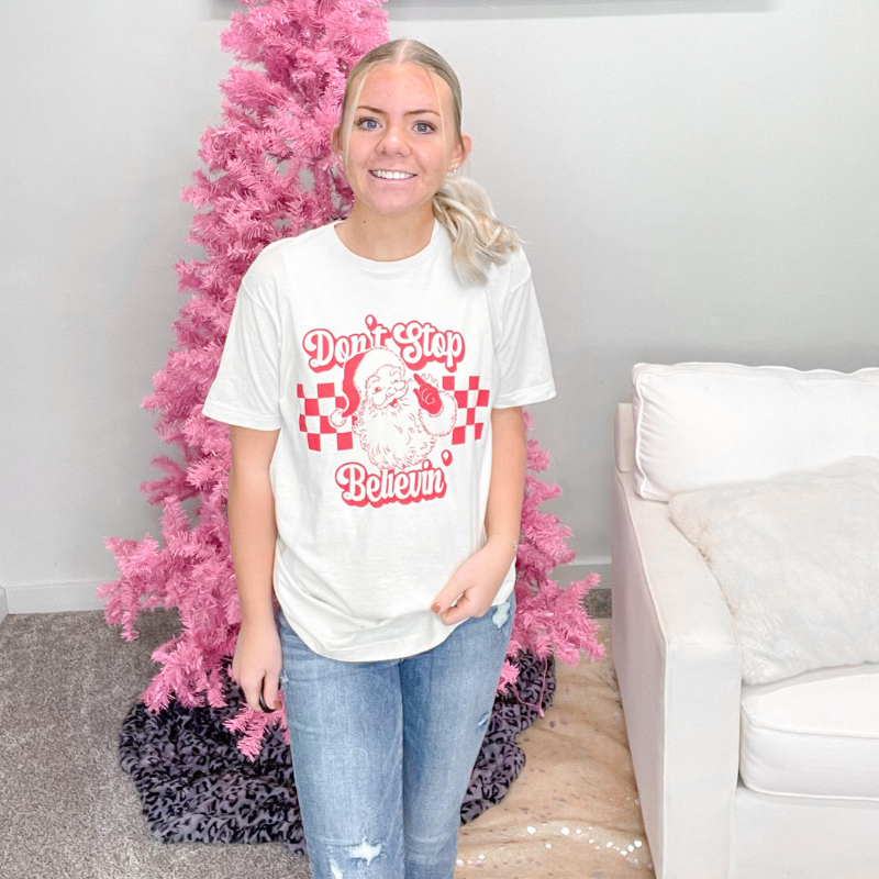 Don't Stop Believin' Santa Graphic Tee - Boujee Boutique 