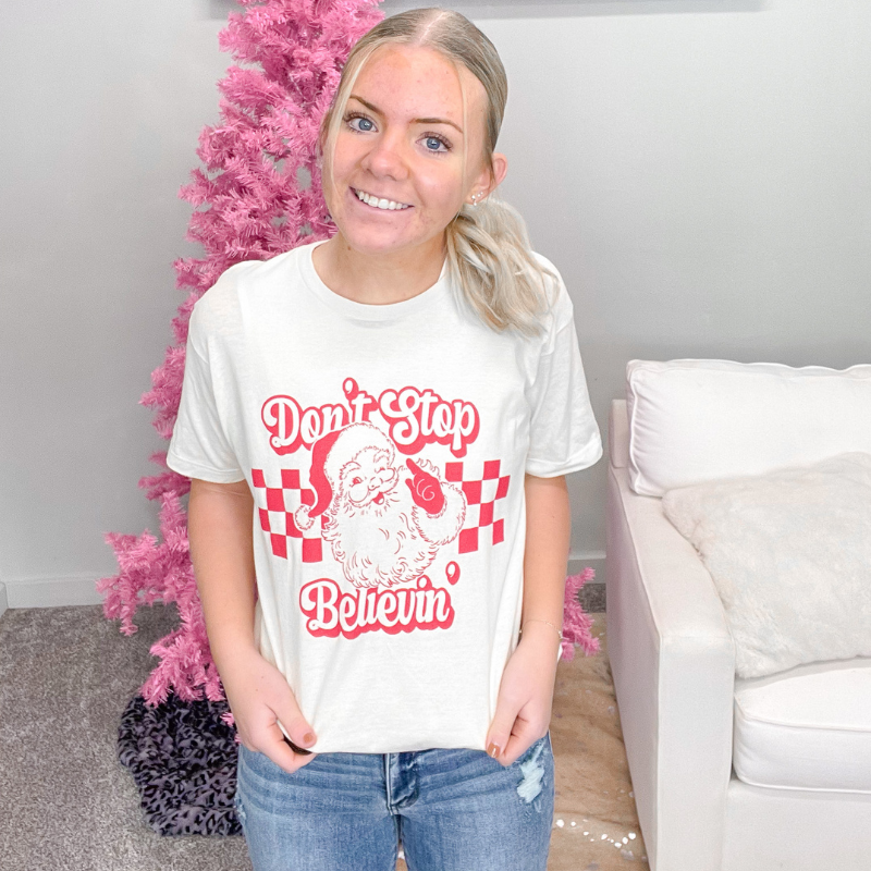 Don't Stop Believin' Santa Graphic Tee - Boujee Boutique 