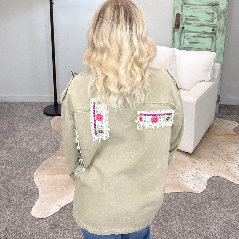 POL Dusty Olive Floral Patch Jacket - Boujee Boutique 