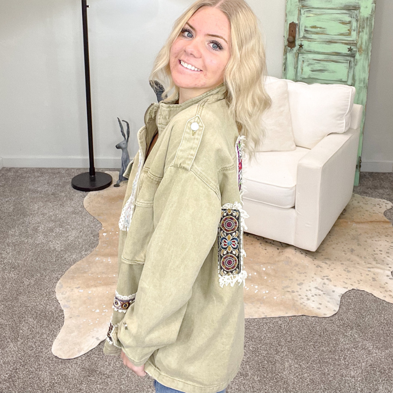 POL Dusty Olive Floral Patch Jacket - Boujee Boutique 