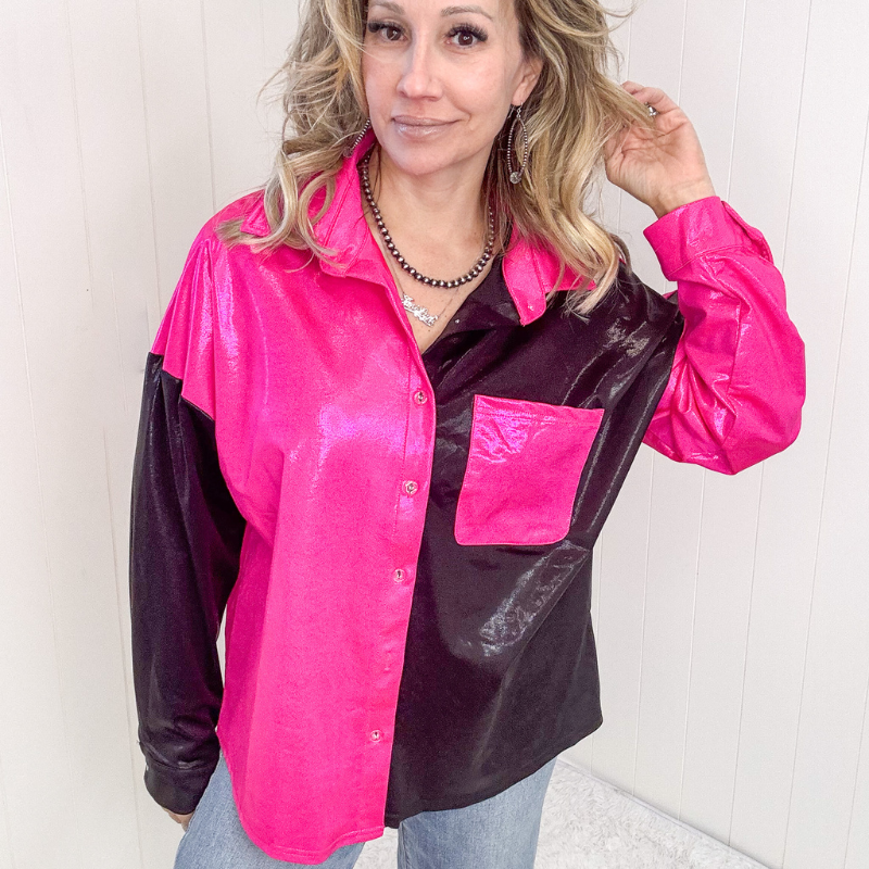 Metallic Shimmer Hot Pink and Black Color Block Button Up Top - Boujee Boutique 