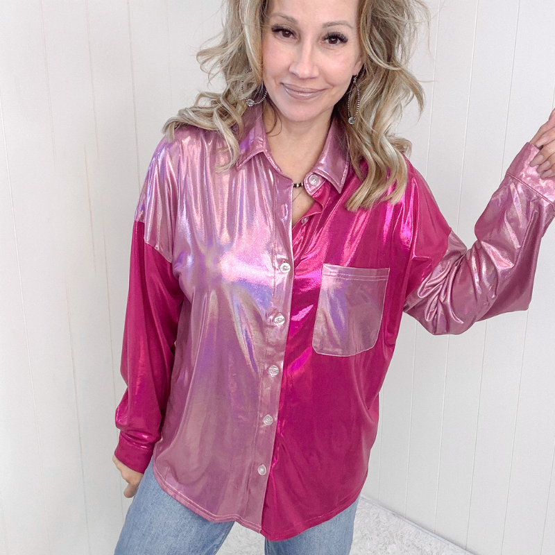 Metallic Pink Colorblock Button Down Blouse - Boujee Boutique 