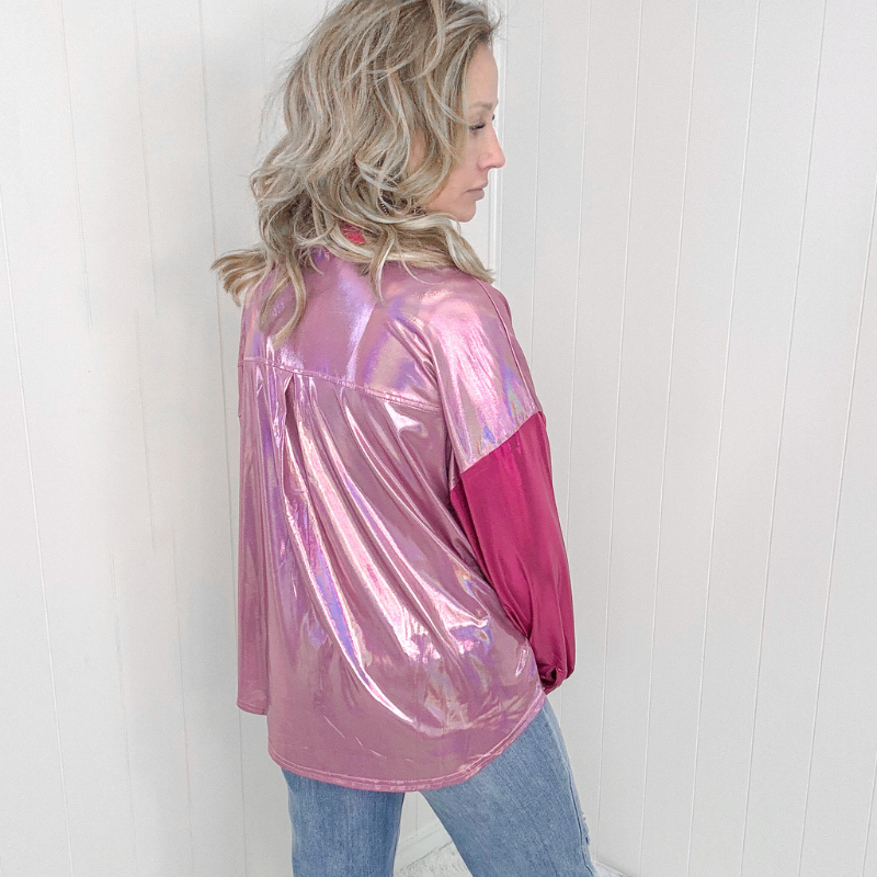 Metallic Pink Colorblock Button Down Blouse - Boujee Boutique 