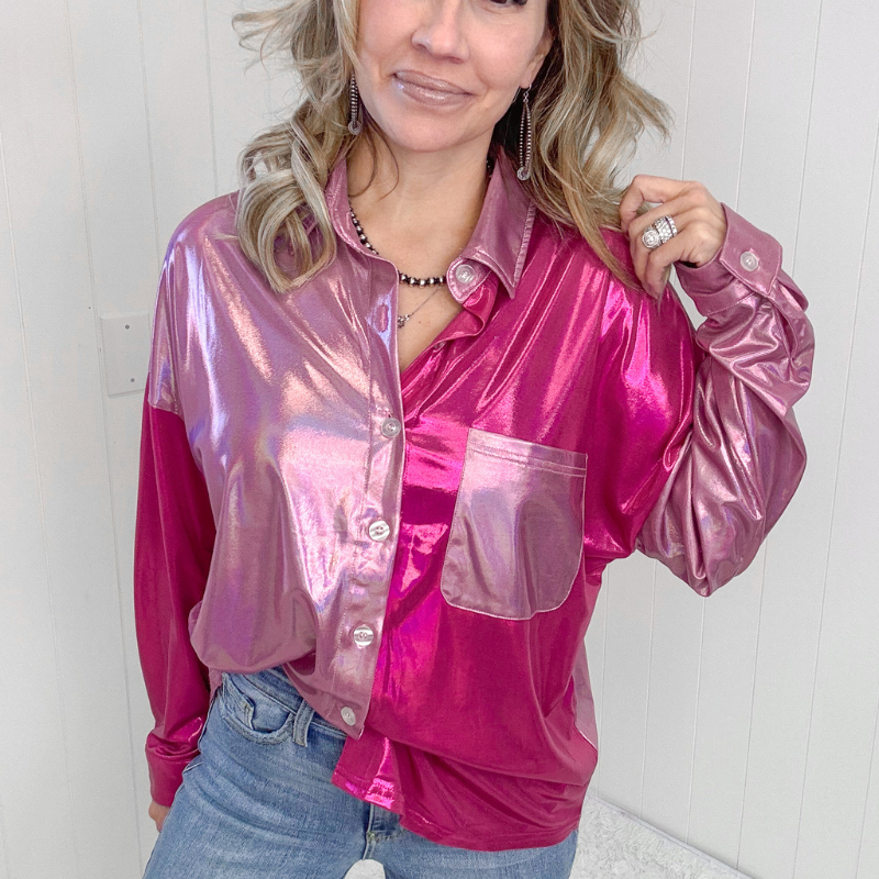 Metallic Pink Colorblock Button Down Blouse - Boujee Boutique 