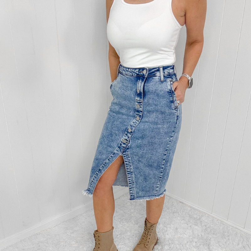 Blakeley Courtney Button Slit Detail Denim Skirt - Boujee Boutique 