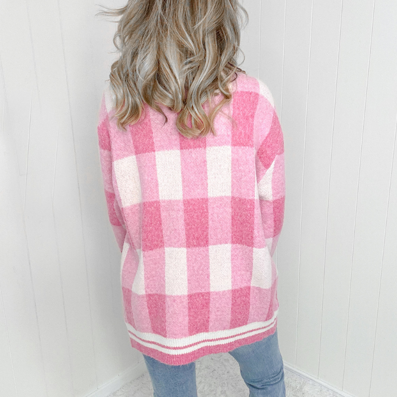 Pink Checkered Patch Pockets Sweater Cardigan - Boujee Boutique 