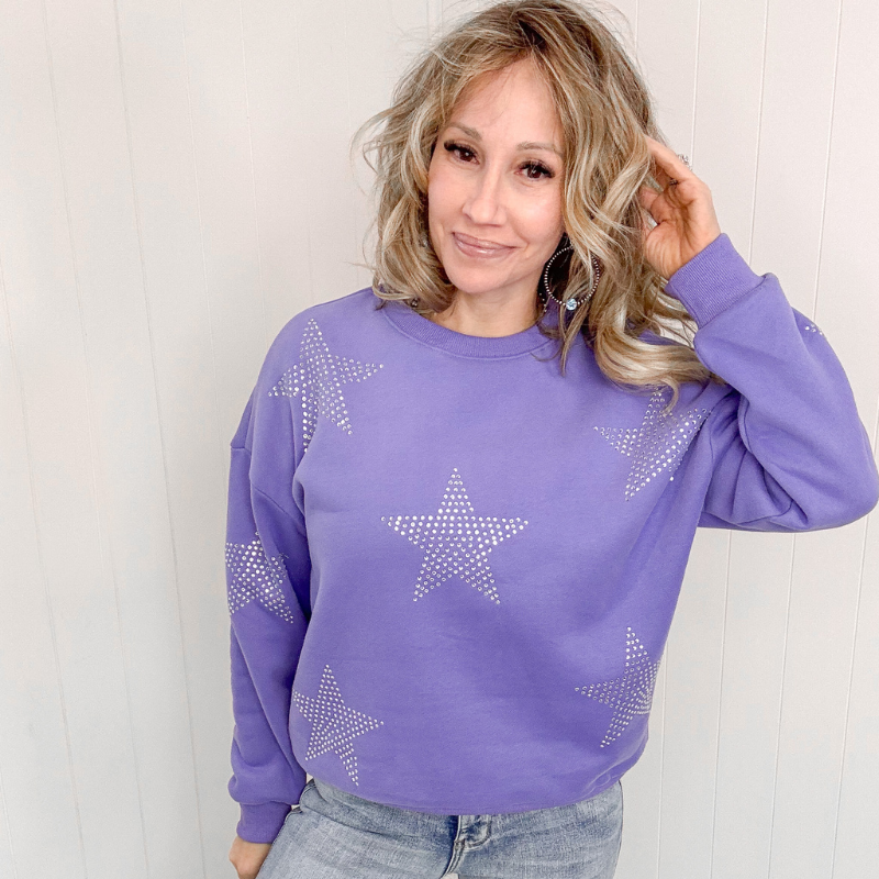 Periwinkle Bling Star Studded Sweatshirt - Boujee Boutique 