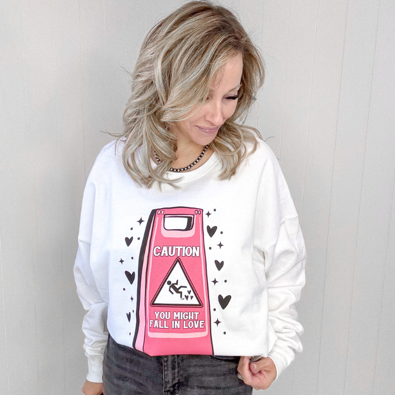Caution Fall In Love White Sweatshirt - Boujee Boutique 
