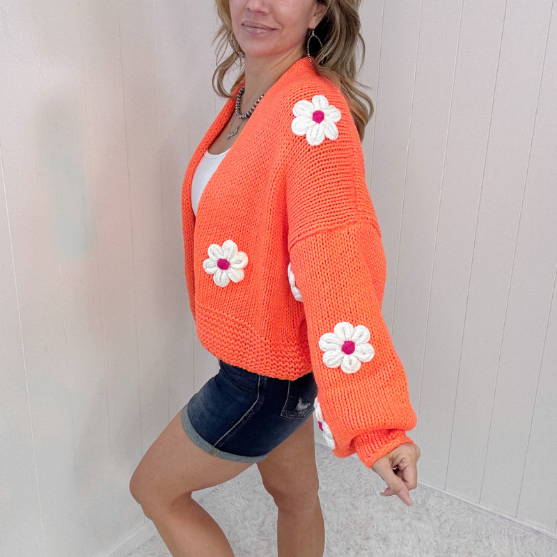 Bright Orange Flower Chunky Sweater Knit Cardigan - Boujee Boutique 