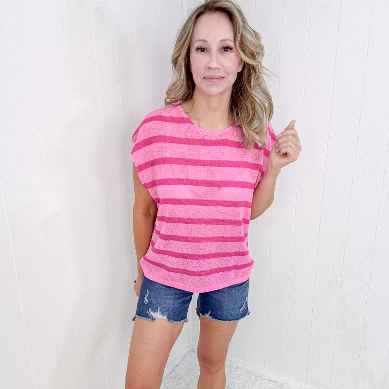 Hibiscus and Fuchsia Striped Sleeveless Sweater - Boujee Boutique 
