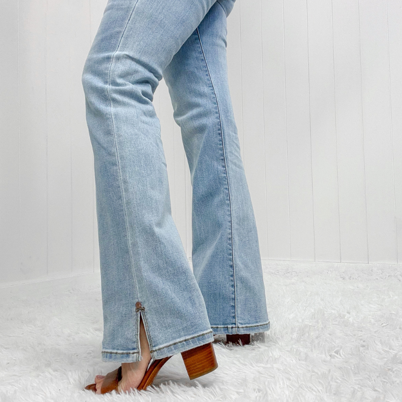 Judy Blue Whispering Willow Mid Rise Slit Hemline Bootcut Jeans - Boujee Boutique 