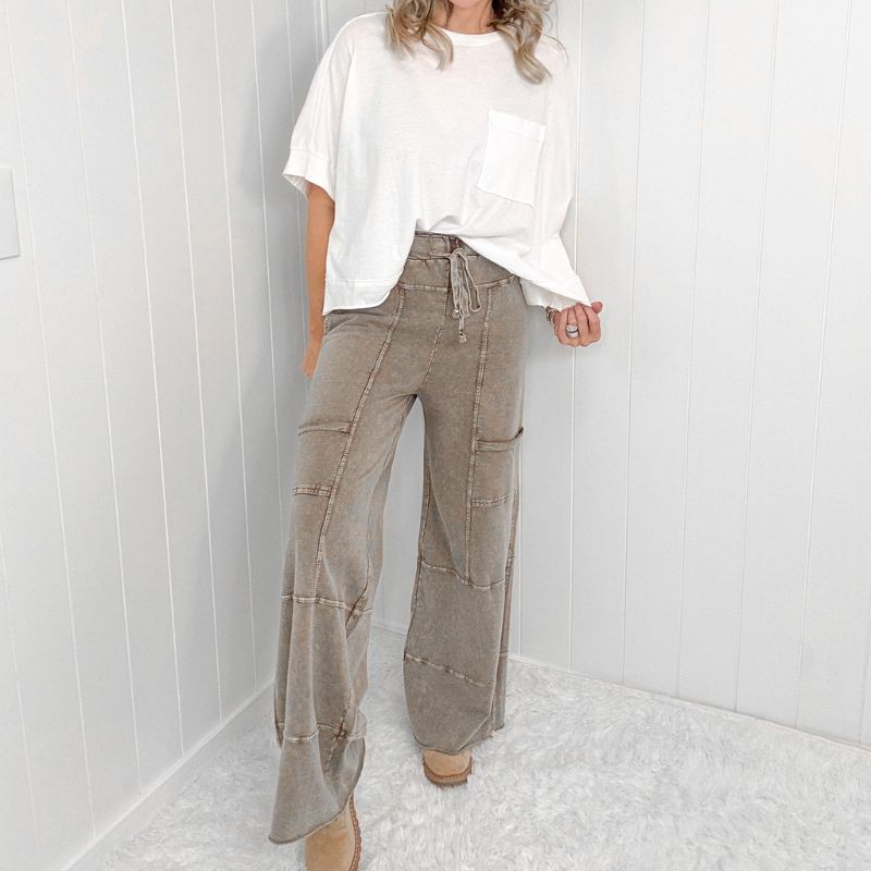 Relaxed Retreat Brown Mineral Washed Terry Knit Oversized Pull on Pants - Boujee Boutique 