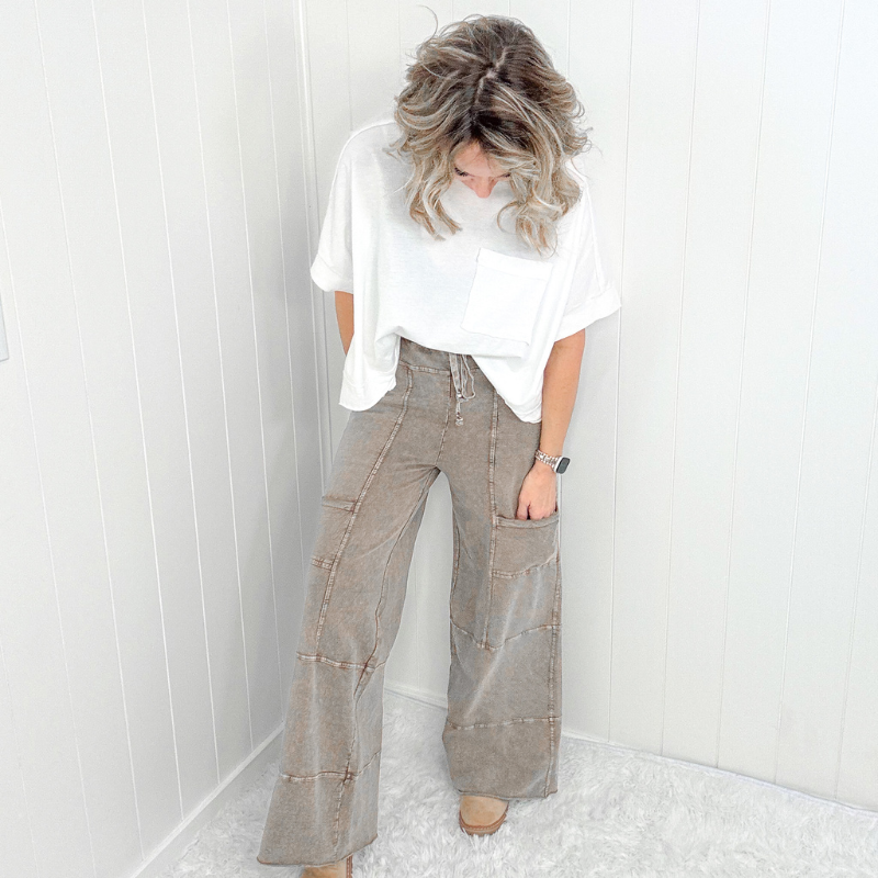 Relaxed Retreat Brown Mineral Washed Terry Knit Oversized Pull on Pants - Boujee Boutique 
