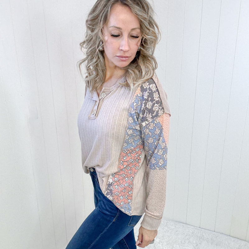 Leap Higher Mixed Print Henley Long Sleeve Top - Boujee Boutique 