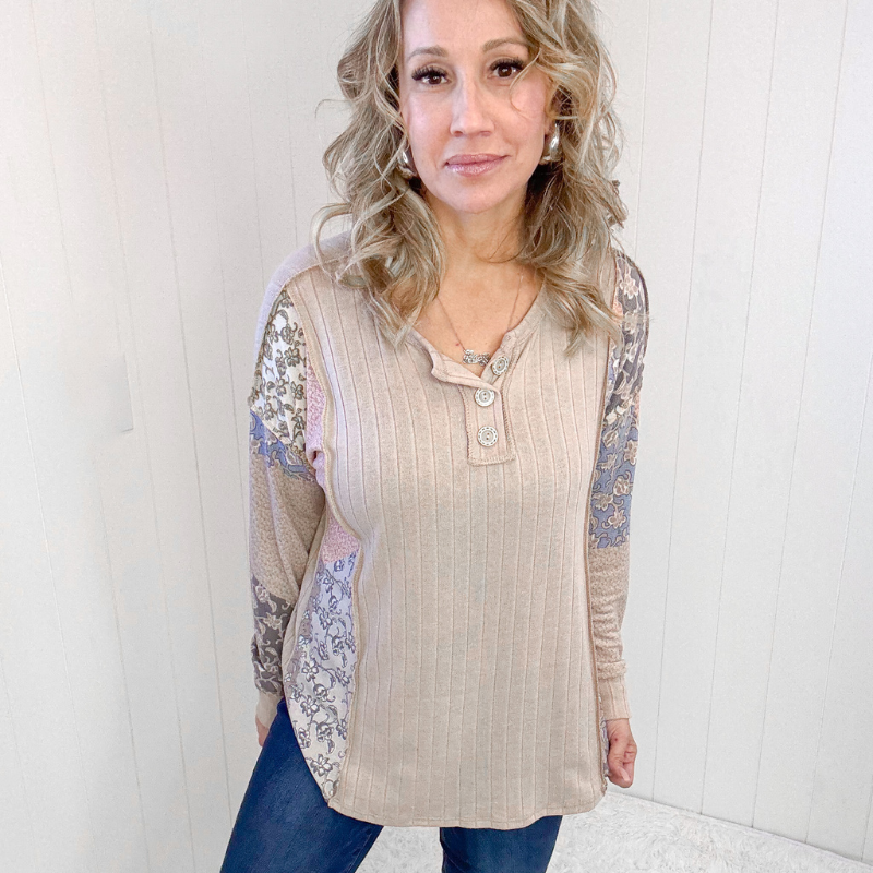 Leap Higher Mixed Print Henley Long Sleeve Top - Boujee Boutique 