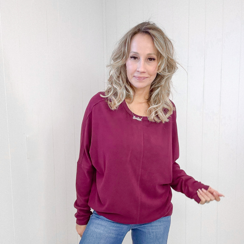 Burgundy Brushed Knit Dolman Sleeve Pullover - Boujee Boutique 