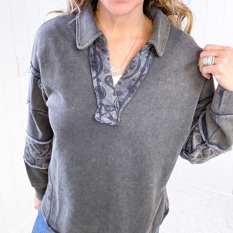 Dark Grey Solid and Paisley Mineral Wash Pullover - Boujee Boutique 