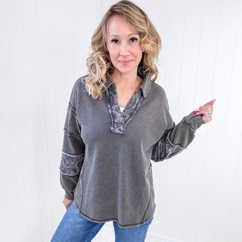 Dark Grey Solid and Paisley Mineral Wash Pullover - Boujee Boutique 