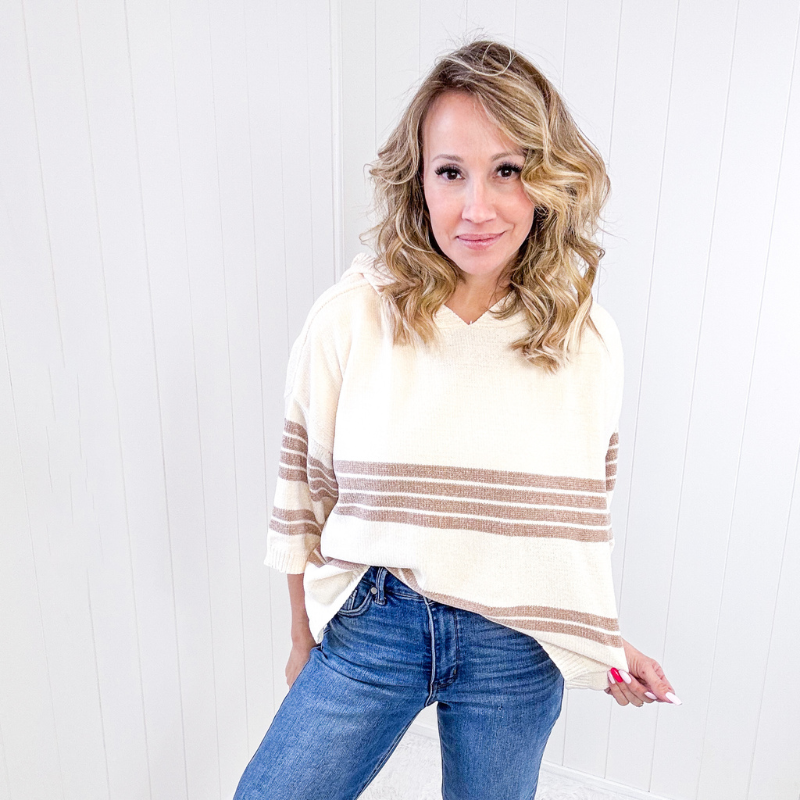 Soft Chenille Knit Cream and Beige Striped Hoodie Sweater - Boujee Boutique 