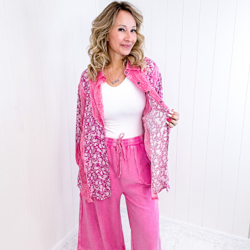 POL Paisley Posh Pink Button Up Long Sleeve Top - Boujee Boutique 