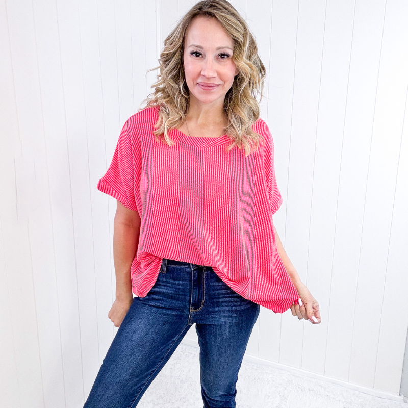 Textured Line Twisted Short Sleeve Top in Coral - Boujee Boutique 