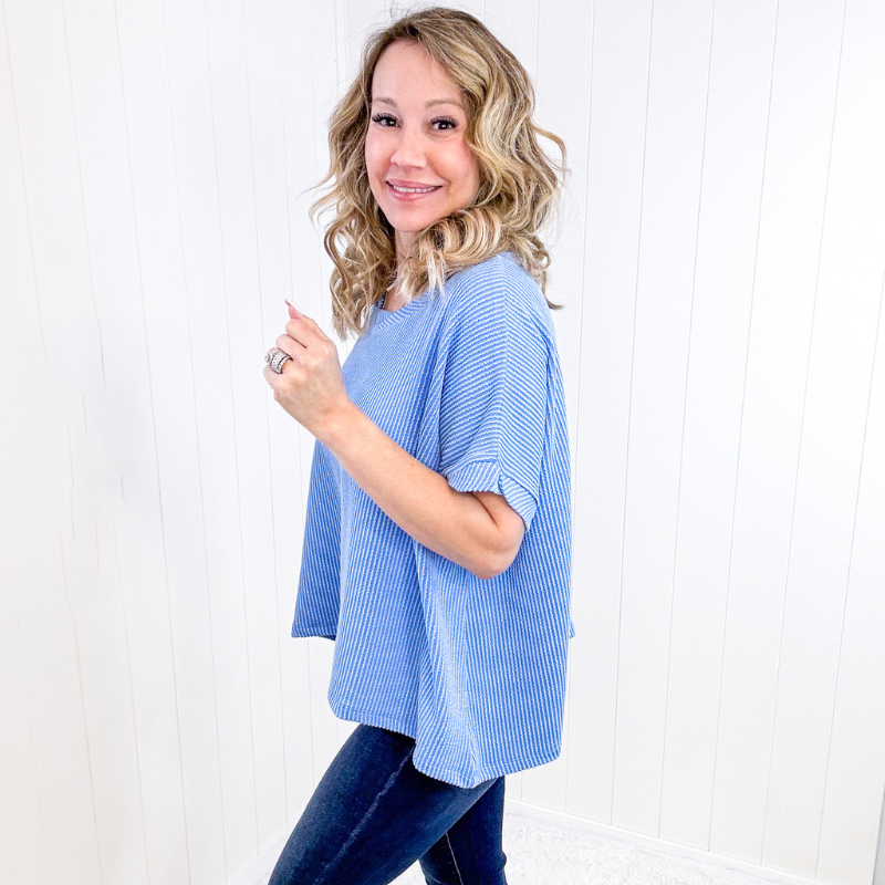 Textured Line Twisted Short Sleeve Top in Sky Blue - Boujee Boutique 