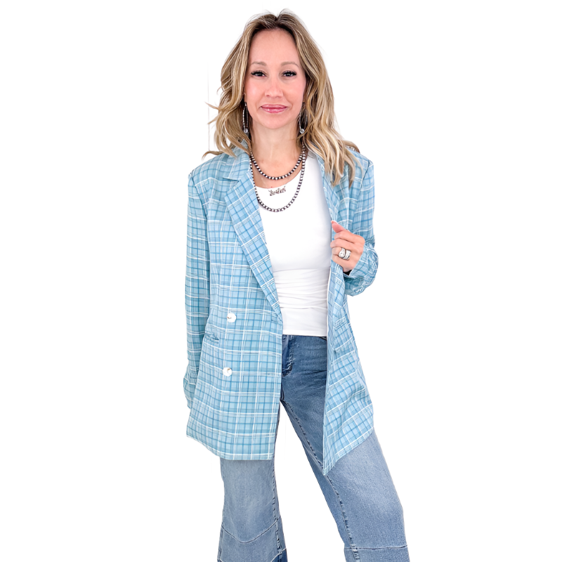 Fetch My Briefcase Blue and White Plaid Blazer - Boujee Boutique 