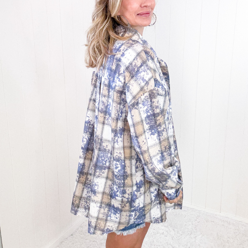 Blue Horizons Boyfriend Washed Plaid Frayed Hem Button Up Top - Boujee Boutique 