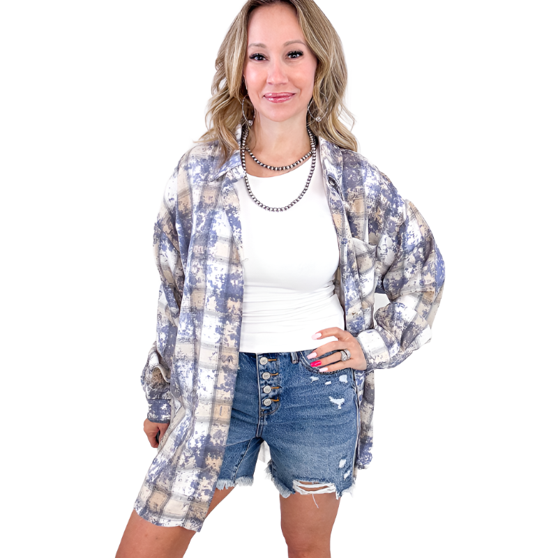 Blue Horizons Boyfriend Washed Plaid Frayed Hem Button Up Top - Boujee Boutique 