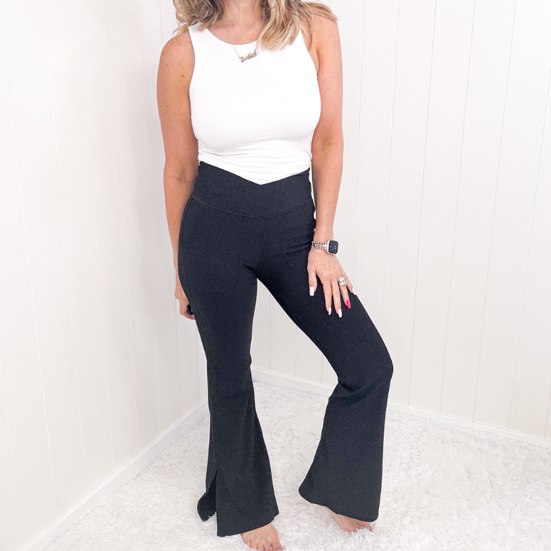 Contouring Curves Ribbed V Waist Flared Leggings in 2 Colors - Boujee Boutique 
