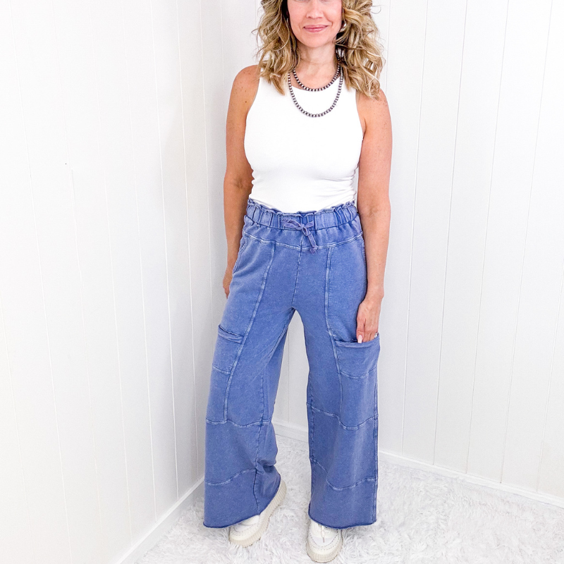 Relaxed Retreat Washed Blue Mineral Washed Terry Knit Pull on Pants - Boujee Boutique 