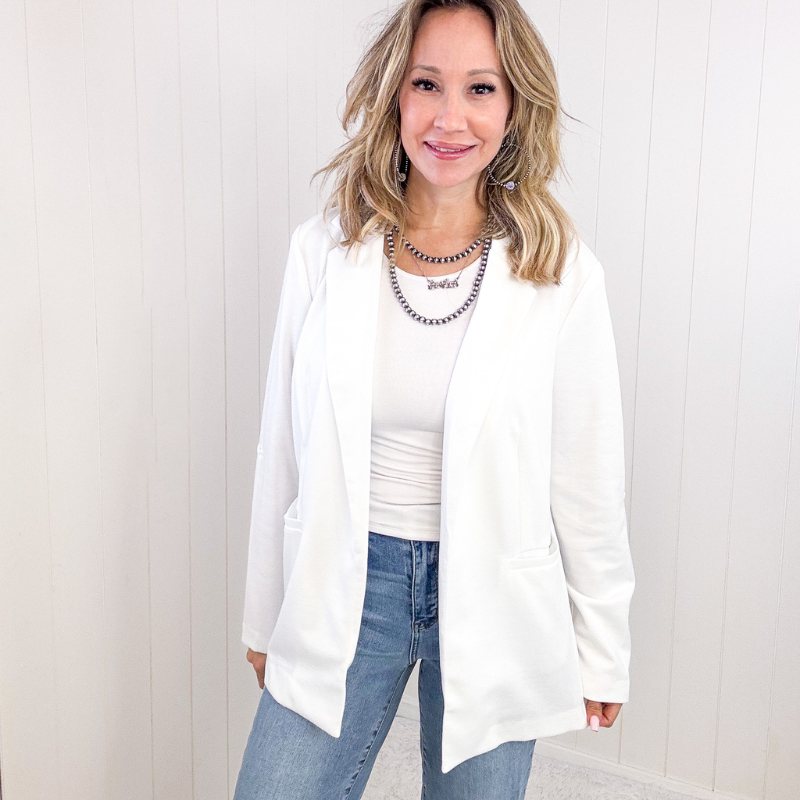 White Business Suit Open Front Blazer - Boujee Boutique 
