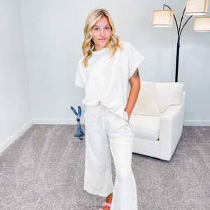 Chiffon White Textured Cropped Wide Leg Pants - Boujee Boutique 